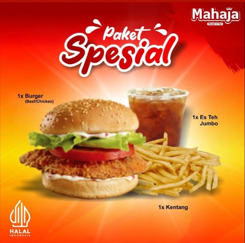 Burger, es teh, dan kentang goreng